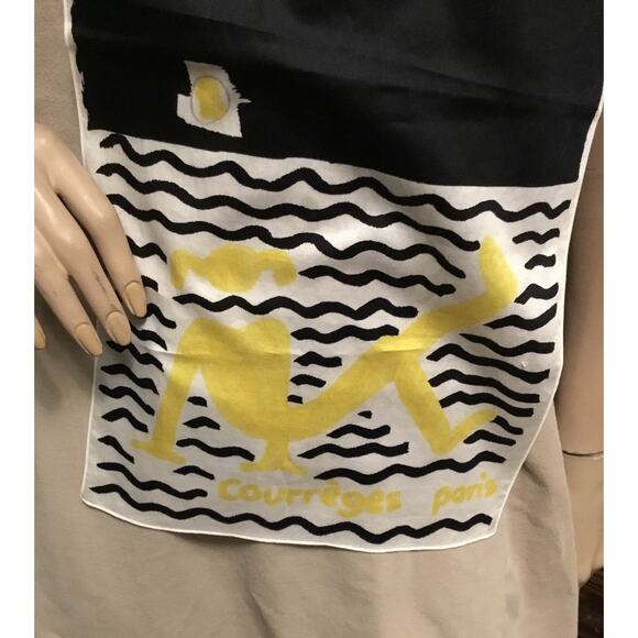 Vintage Courreges Paris Black/White/Yellow Cotton Swimmer/Waves Scarf Rectangle - Picture 2 of 3